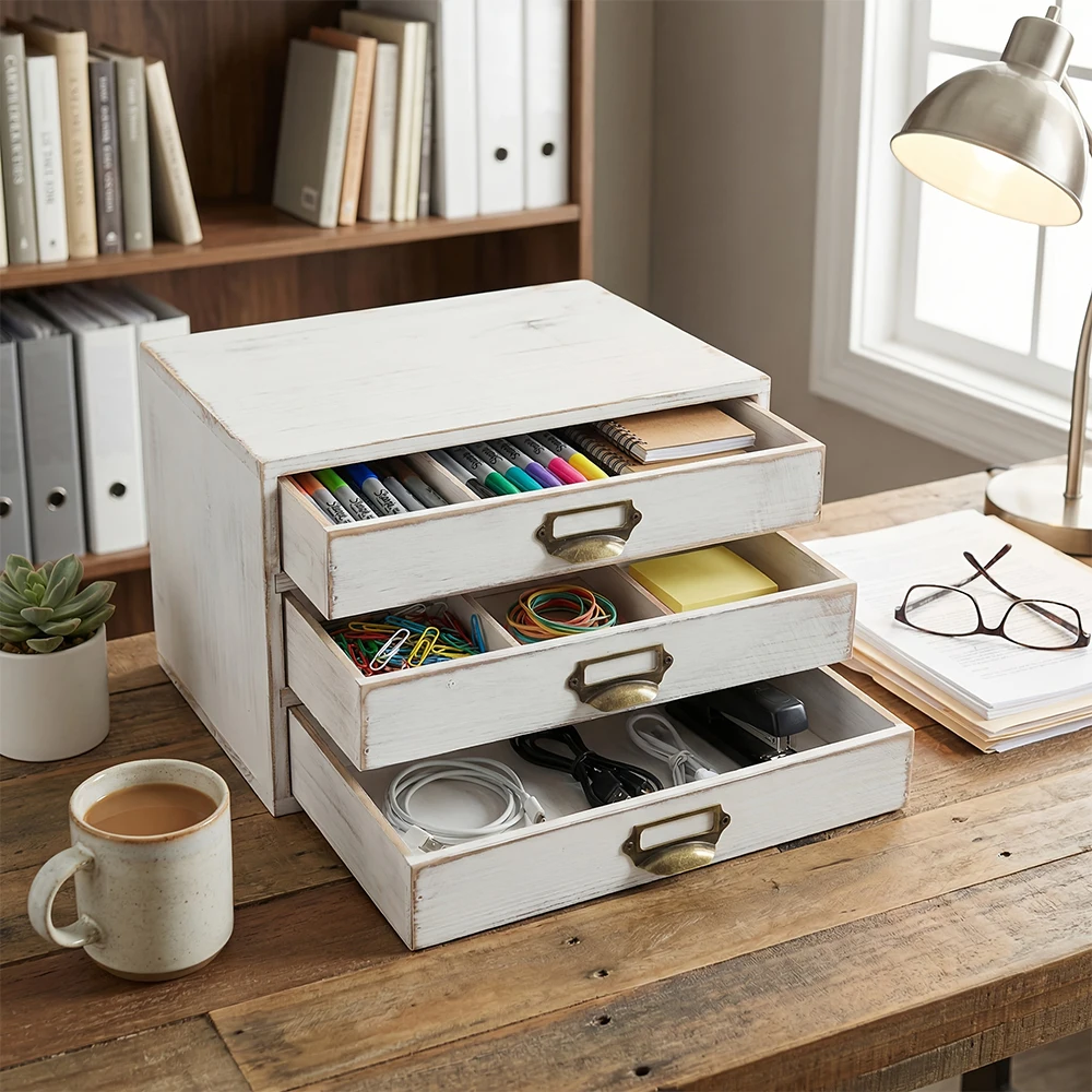 MXS 13.8-inch Three-Tier Vintage Wooden Drawer Cabinet Desktop Orga...