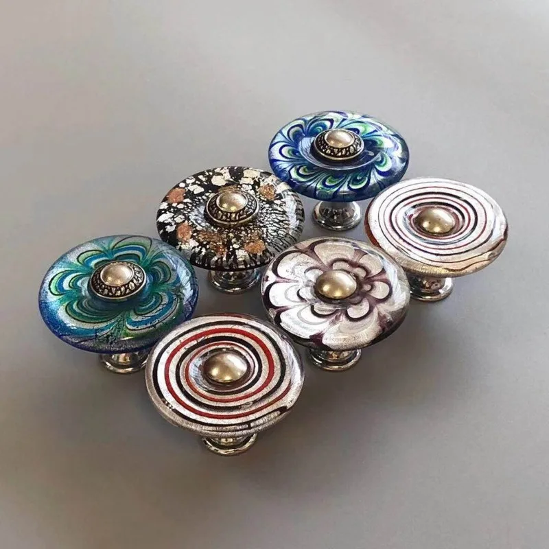 Clothes cabinet door handle, drawer cabinet surface mounted single hole blue red flower glass handle, high value