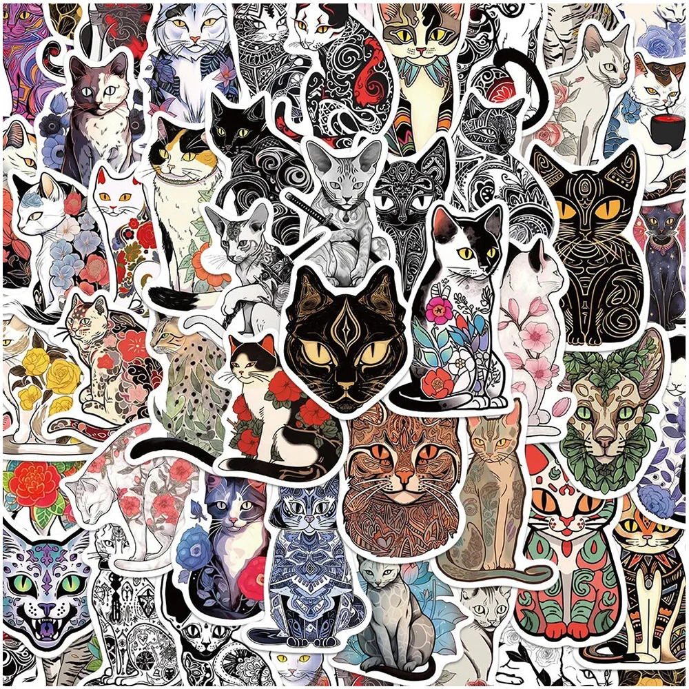 10/30/50pcs Vintage Creative Pattern Cat Animal Stickers Cool Cartoon Gothic Style Decals Notebook Helmet Phone Bike Sticker Toy