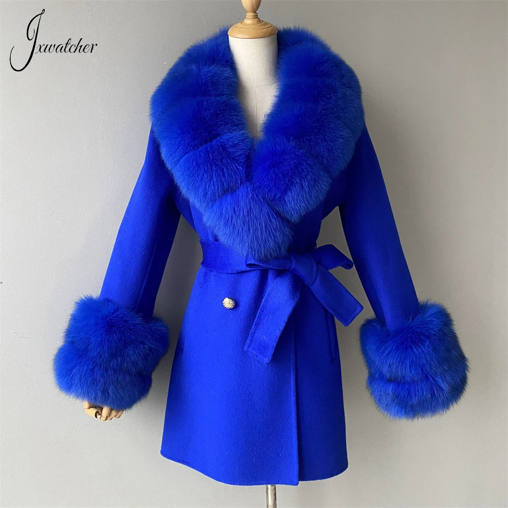 Jxwatcher-abrigos de Cachemira con cuello de piel de zorro Real para mujer, chaqueta de lana de longitud media, abrigo elegante con cinturón de