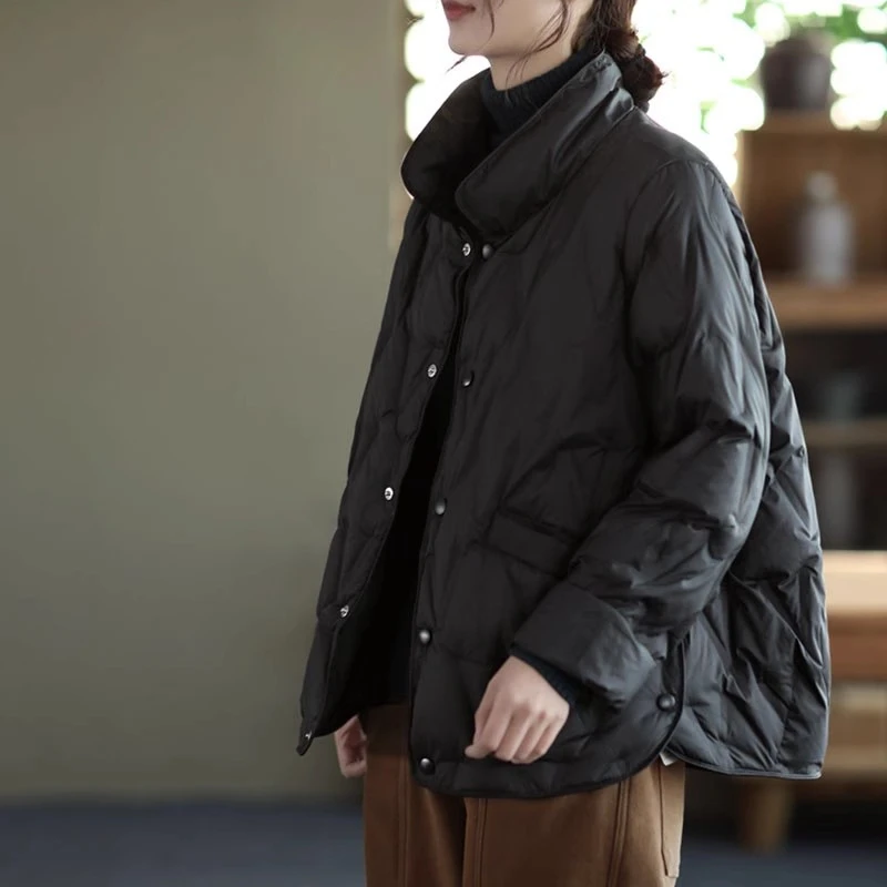 Women's Fashion Stand Collar Thick Warm Cotton Padded Jacket Pleated Light Down Cotton Padded Jacket Coat Single Breasted Female