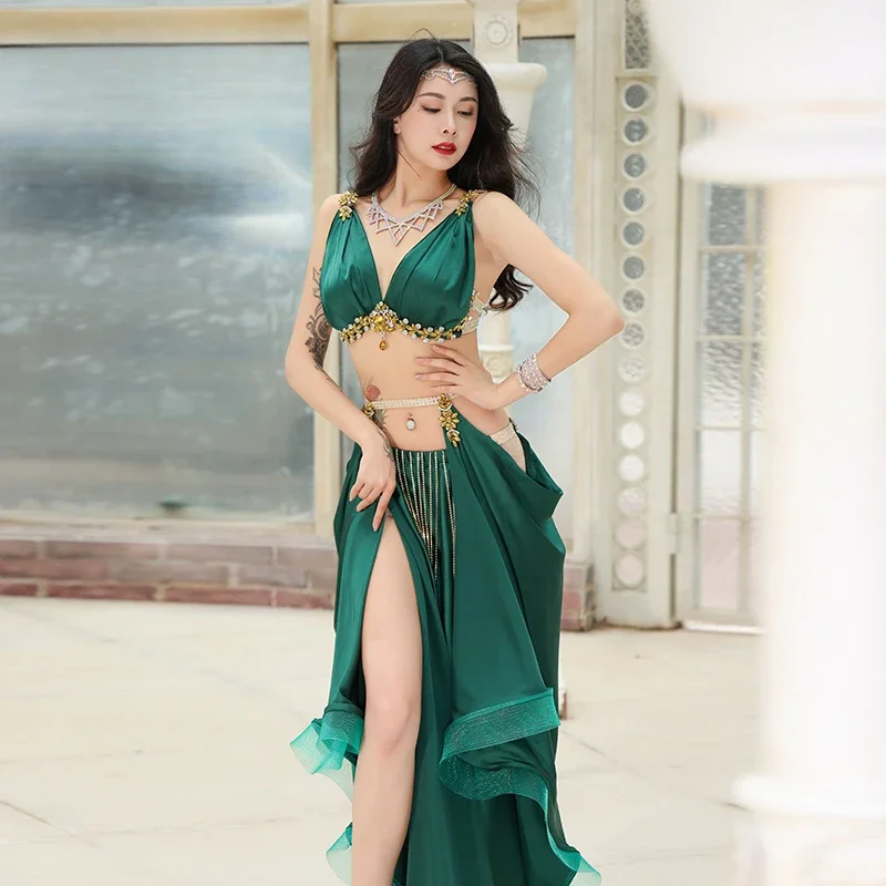 Belly Dance Performance Costume Suit for Women Diamond-Studded Bra+saitin Skirt 2pcs Bellydancing High-End Competition Clothing