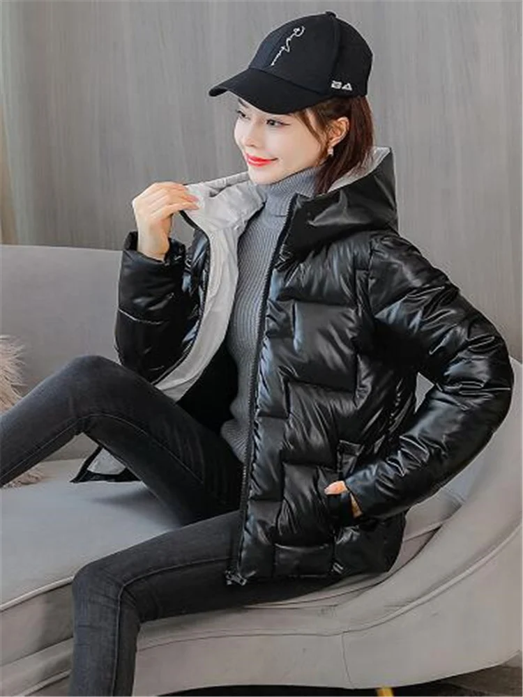 Short Cotton Coats Women Hooded Jackets Loose Glossy Bright Down Outwear Waterproof Coat Warm Winter Clothes Casual Parker Coat