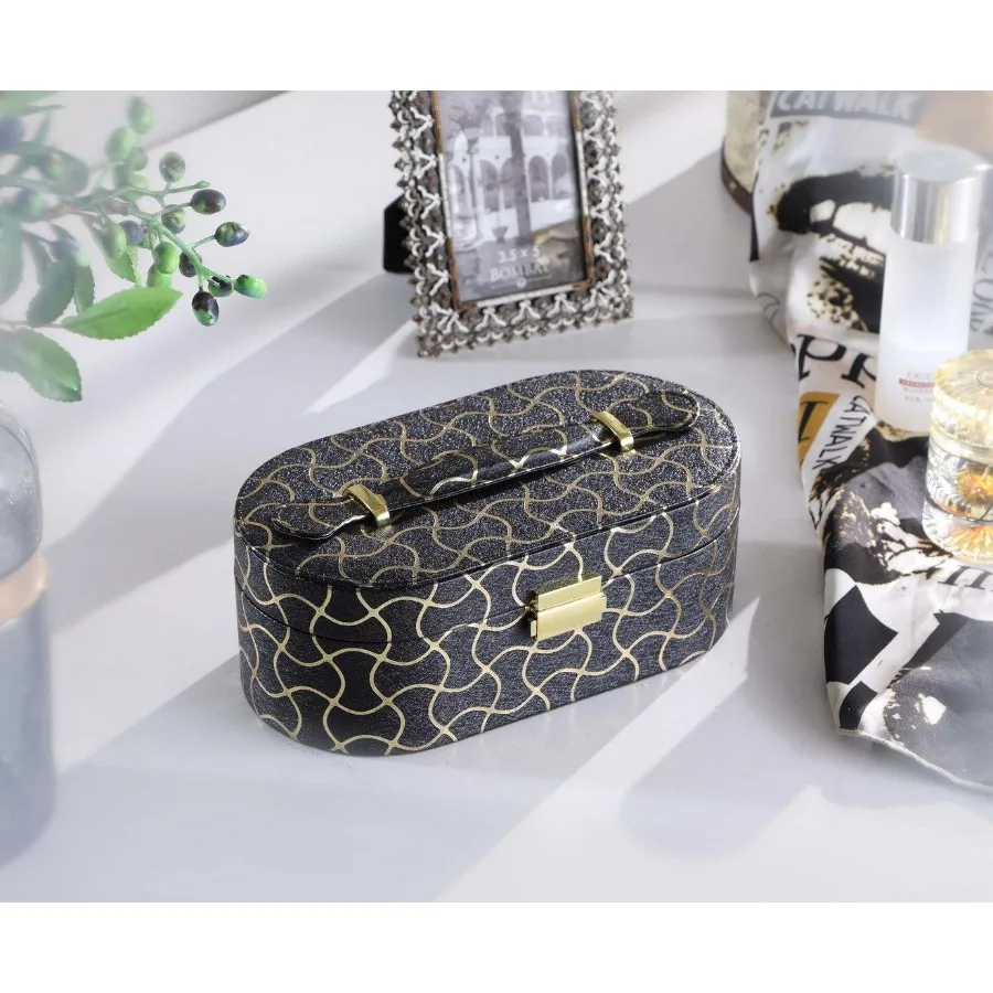 

9.5 Long Leather Jewelry Organizer Case with Mirror Gold Swirl Pattern Black