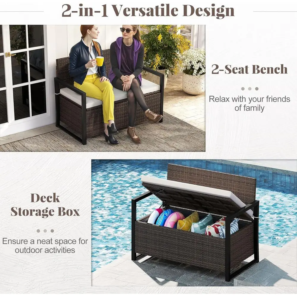 Wicker Outdoor Bench with Storage - Rattan Deck Box w/Protective Liner or Pillows, Pool Supplies, Garden Tools, Patio Loveseat w