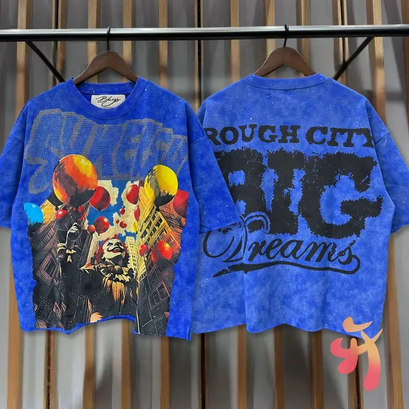 

Graffiti Joker Balloon Print Retro Washed Distressed Blue Round Neck T-shirt BKYS Hot Diamond Short Sleeve Men Women Loose Tees