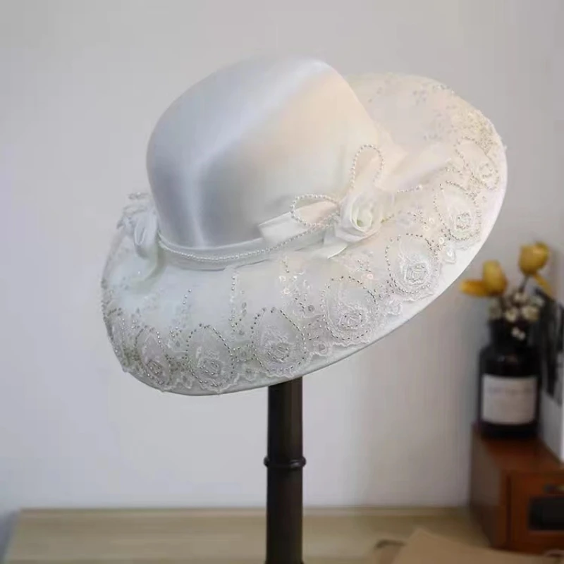 Chapeau haut de forme rétro en dentelle pour femme, élégant, accessoires de fête de mariage, baptême, dame