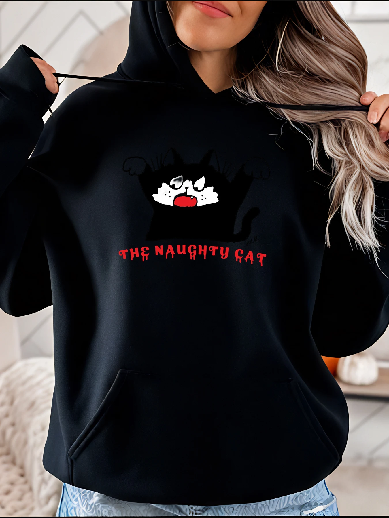 

Черная толстовка с капюшоном The Naughty Cat с принтом, повседневная толстовка, женская модная осенне-зимняя одежда 280