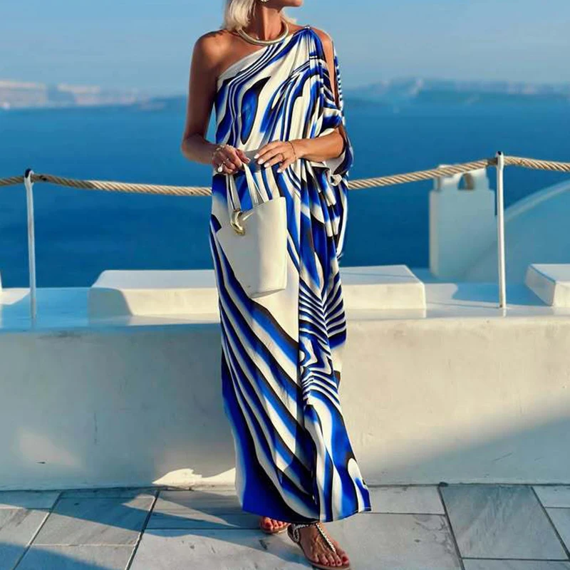 Abito lungo da donna sexy con spalla inclinata, abito lungo ampio con stampa a righe elegante primaverile, abiti da spiaggia Boho senza schienale estivi