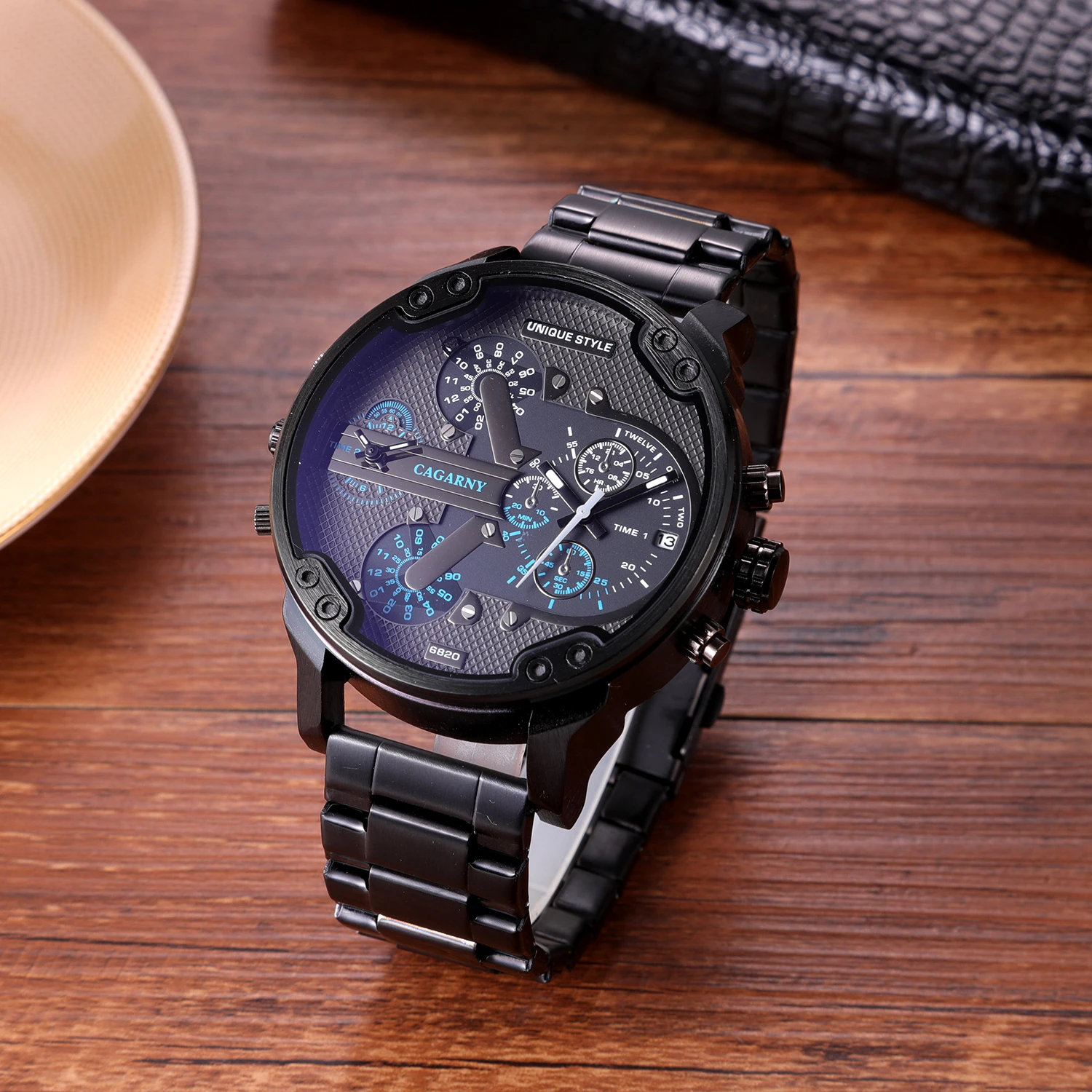 CAGARNY Brand 6820 Man\'s Large dial Casual Fashion Quartz Wrist watch Waterproof dual time zone Stainless Steel Watches for Men