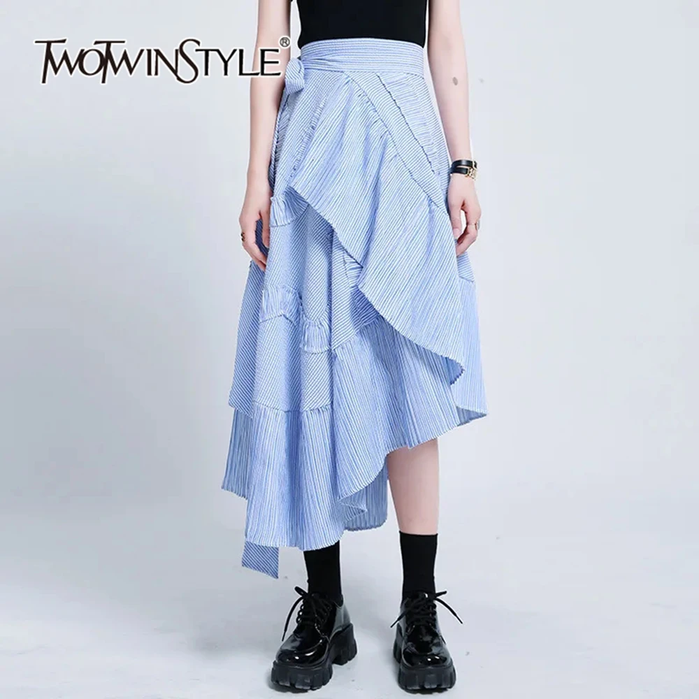 TWOTWINSTYLE Spliced Appliques Striped Ruffles Skirt For Women High Waist A Line Irregular Hem Casual Skirts Female Fashion New