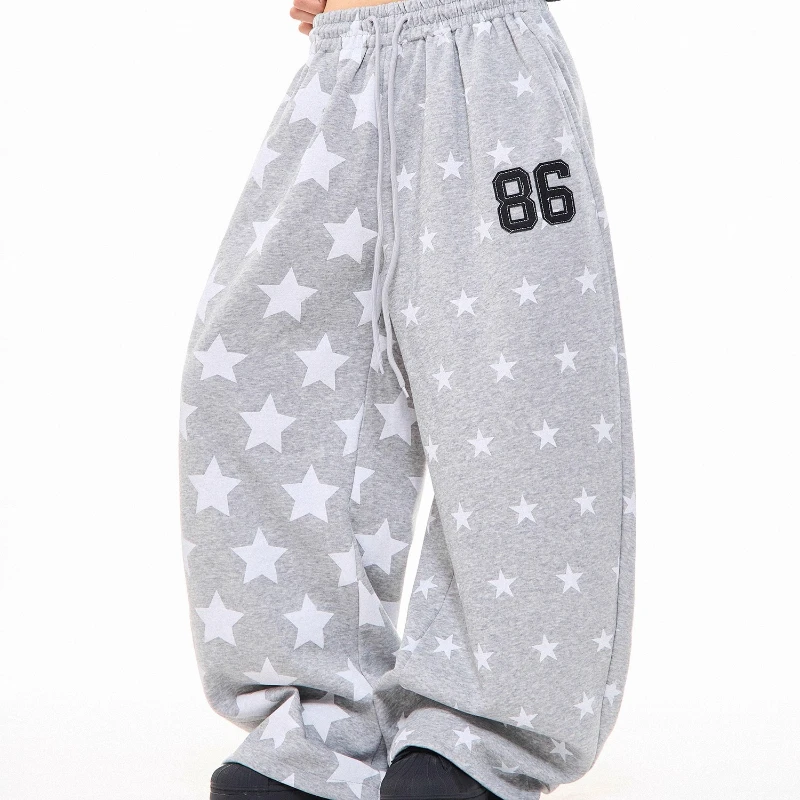 الأمريكية الرجعية ستار طباعة رمادي المرأة Sweatpants 2025 الخريف جديد فضفاض الحلو كول واسعة الساق الرياضة عادية الطابق بنطلون السيدات #5