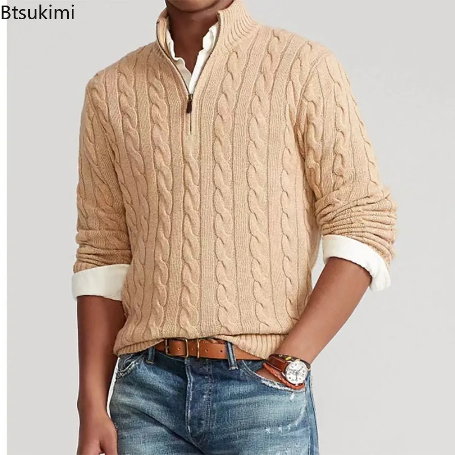 

New 2026 Men's 100% Cotton Sweaters High Quality Autumn Winter Warm Half Zipper Turtleneck Pullovers Male Casual Sweater Tops