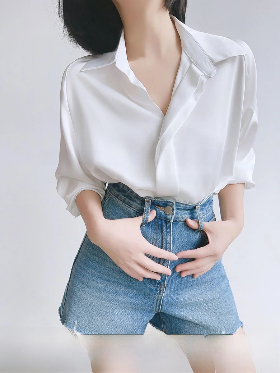

Elegant White Silk Satin Shirt Women's Long Sleeve Loose Workwear V-Neck Commute Friendly Top XALI Fashionable Businesswear