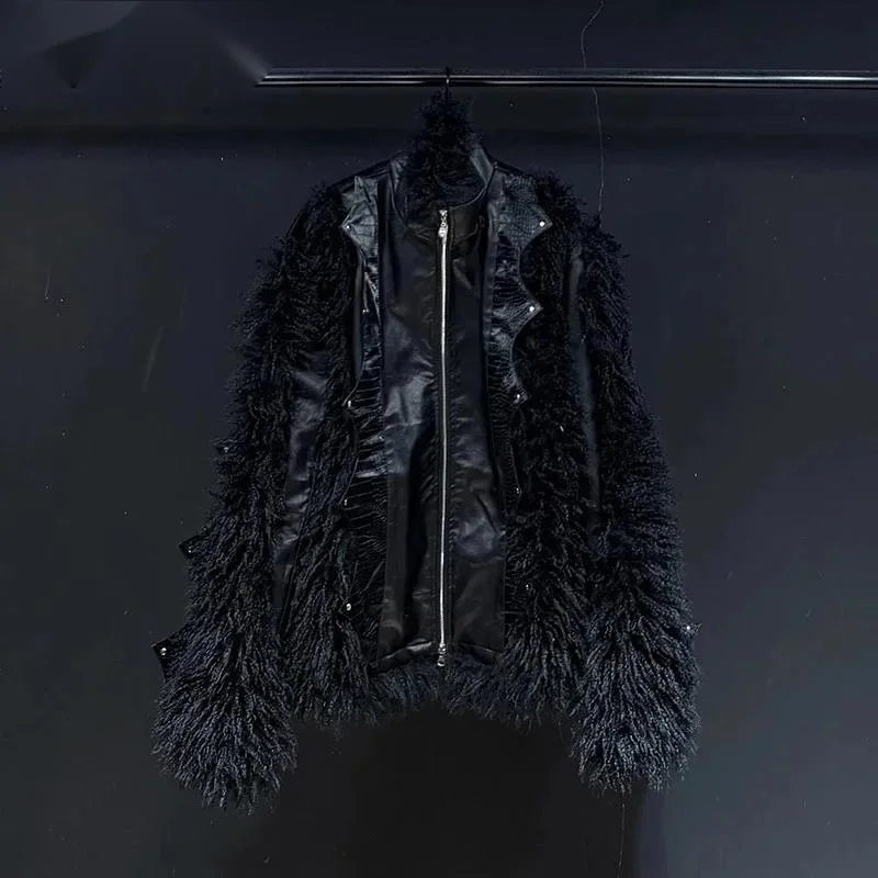 Faux Fur Patchwork Men's Jacket Fashionable Long Plush Stand Collar Personality High Street Coats Niche Menswear CJ60