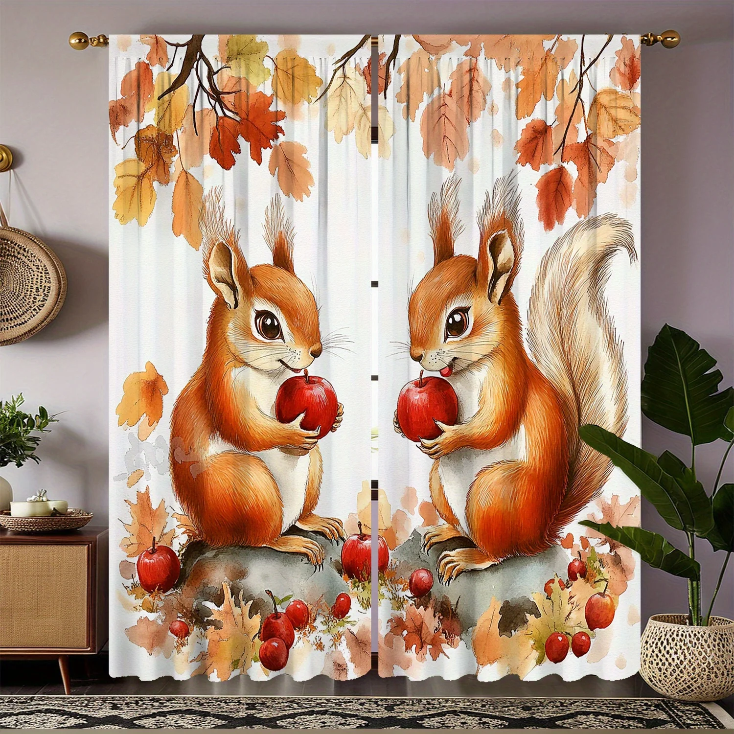 2 pieces of autumn squirrel print curtains, polyester fabric, machine washable, suitable for bedroom living room decoration