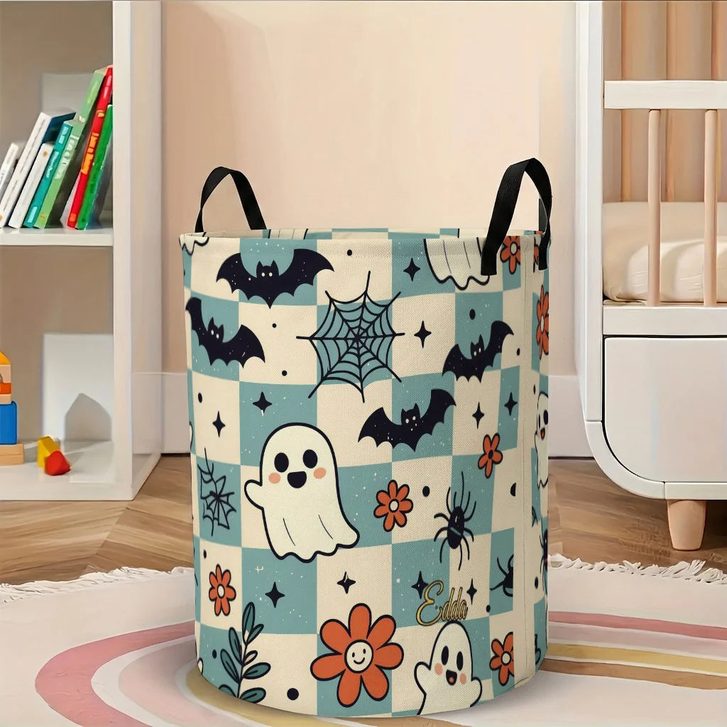 1pc, Halloween Vintage Plaid Print Dirty Laundry Basket, Cute Bat Spider Pattern Storage Bin, Large Capacity Laundry Hamper