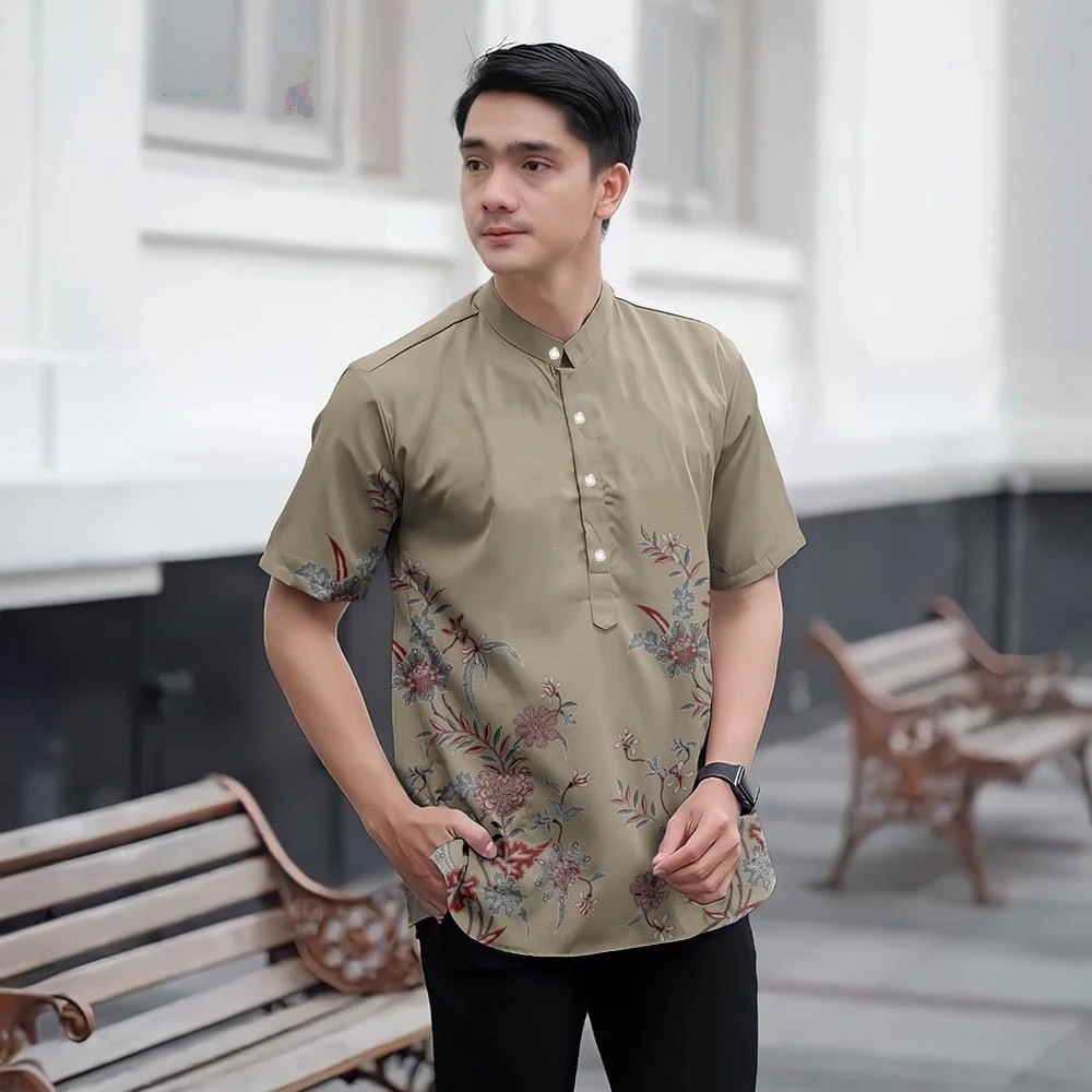 Camicia batik Slim Fit Modello stampato in 3D Colletto alla coreana Camicia formale da uomo a maniche corte Camicia superiore adatta per la festa del Ramadan Tema Raya