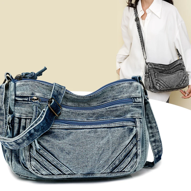 

Vintage Denim Crossbody Bag for Women, Large Capacity Multi-Pocket Shoulder Bag, Casual Travel Handbag, Retro Fashion Tote Purse