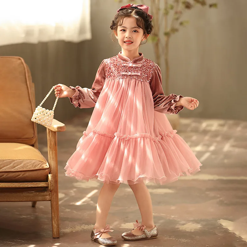 

It's Yiiya Customized Flower Girl Dress Pink Sequins Tulle High Collar Full Sleeves A-line Knee-Length Zipper Back Kids Gown