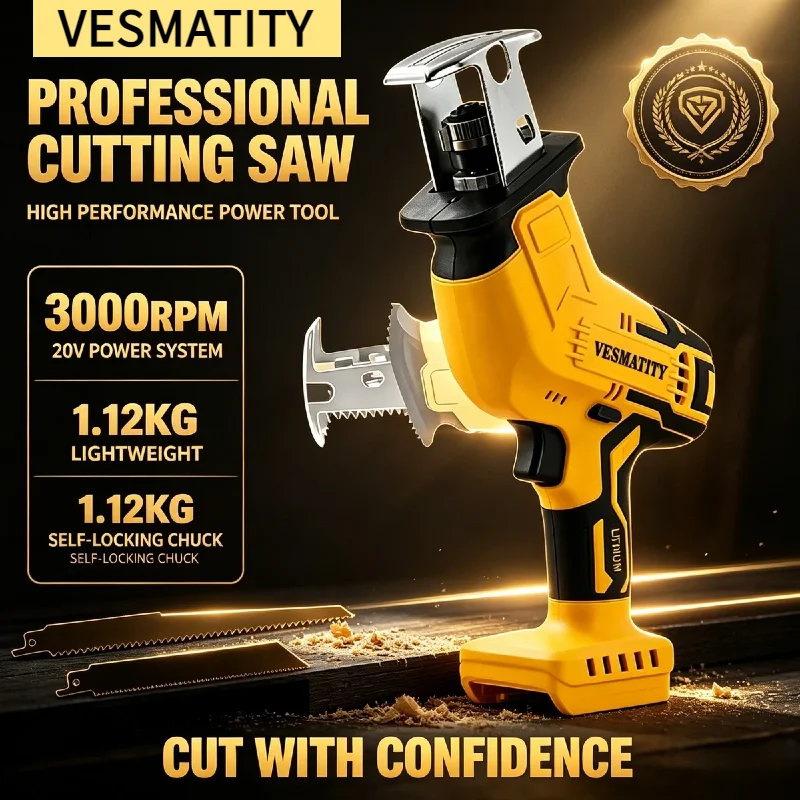 Multifunctional Vesmatity Brushless Recip Saw Electric Sabre Saw Powerful Motor for Metal Wood Pipe Cutting 20V Battery Elite