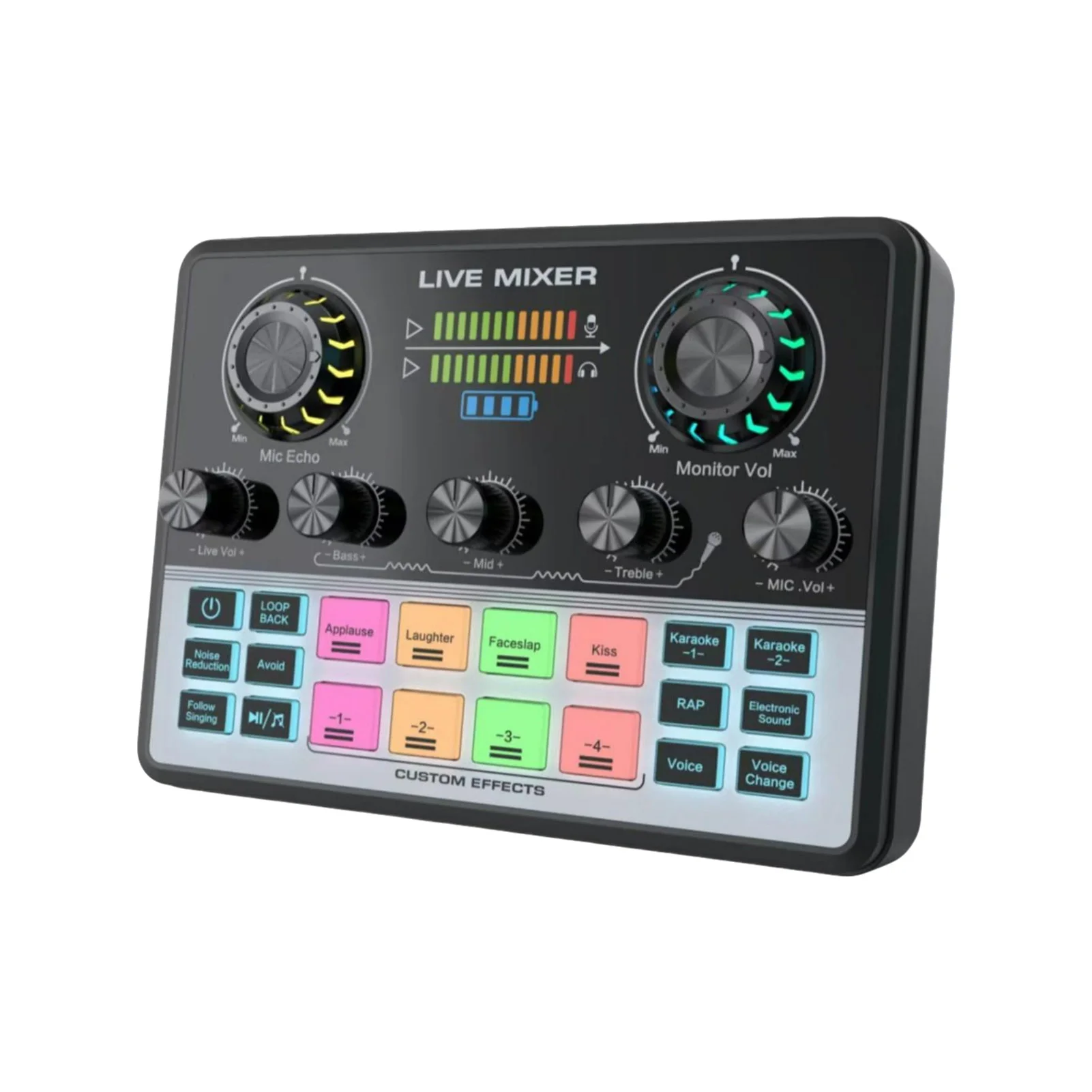 Live Streaming Sound Mixer Sound Card Rechargeable Plug and Play Adjustable Bass Treble Noise Reduction Colorful Indicator Light
