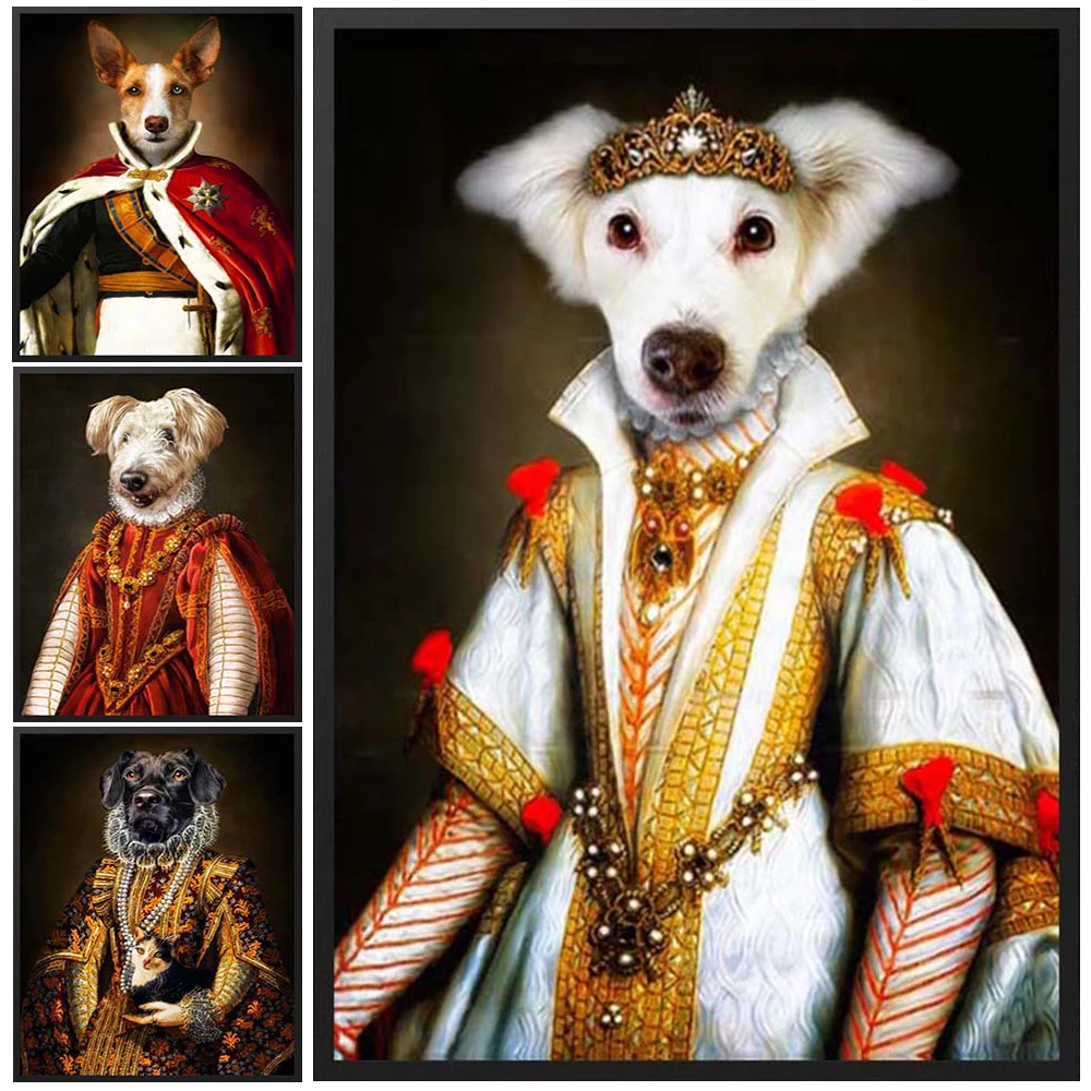 Custom King Queen Royal Portrait Animals Pet Cat Dog Poster Wall Pictures For Living Room Wall Art Canvas Painting Unframed