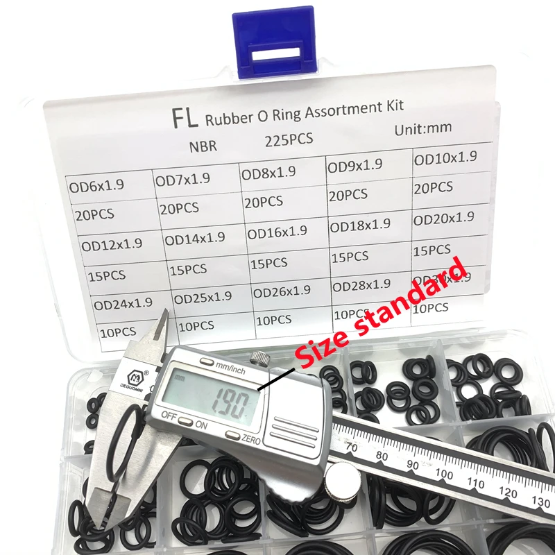 225pcs CS1.9mm Rubber O Ring Oil Resistance O-Ring Washer Seals Watertightness Assortment Different Size & Plastic Box Kit Set