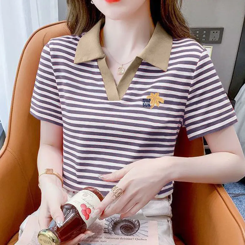 Women's Striped Polo Collar T-Shirt, Short Sleeve T-Shirt, Casual Tops, All-match, Simple, Office Lady, Summer Fashion