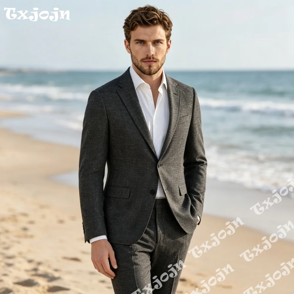 

Formal Dark Grey Linen Men 2PCS Suits Notch Lapel Slim Fit Blazer Pants for Beach Wedding Prom Party Formal Events Costume Homme