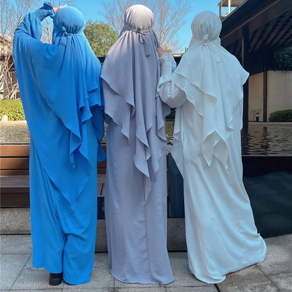 Jilbab Prayer Clothes Women Ramadan Islamic Jilbeb 2 Piece Set Dubai Turkish Hijabi Outfit Layered Khimar Scarf Hijab+Long Dress