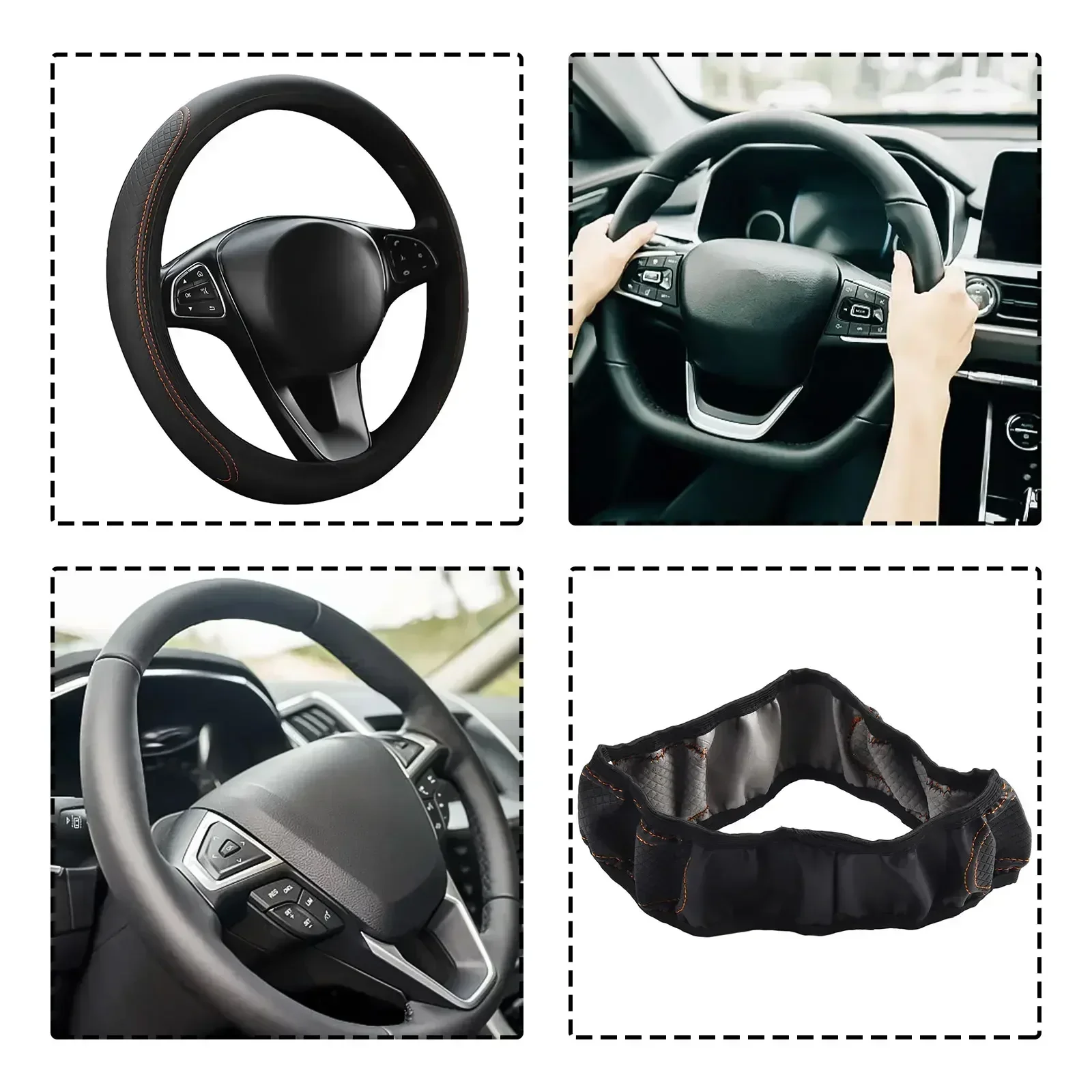 

Car Interior Steering Wheel Cover Gray Line Green Line Leather 37-38cm Car Accessories Easy To Clean Easy To Store