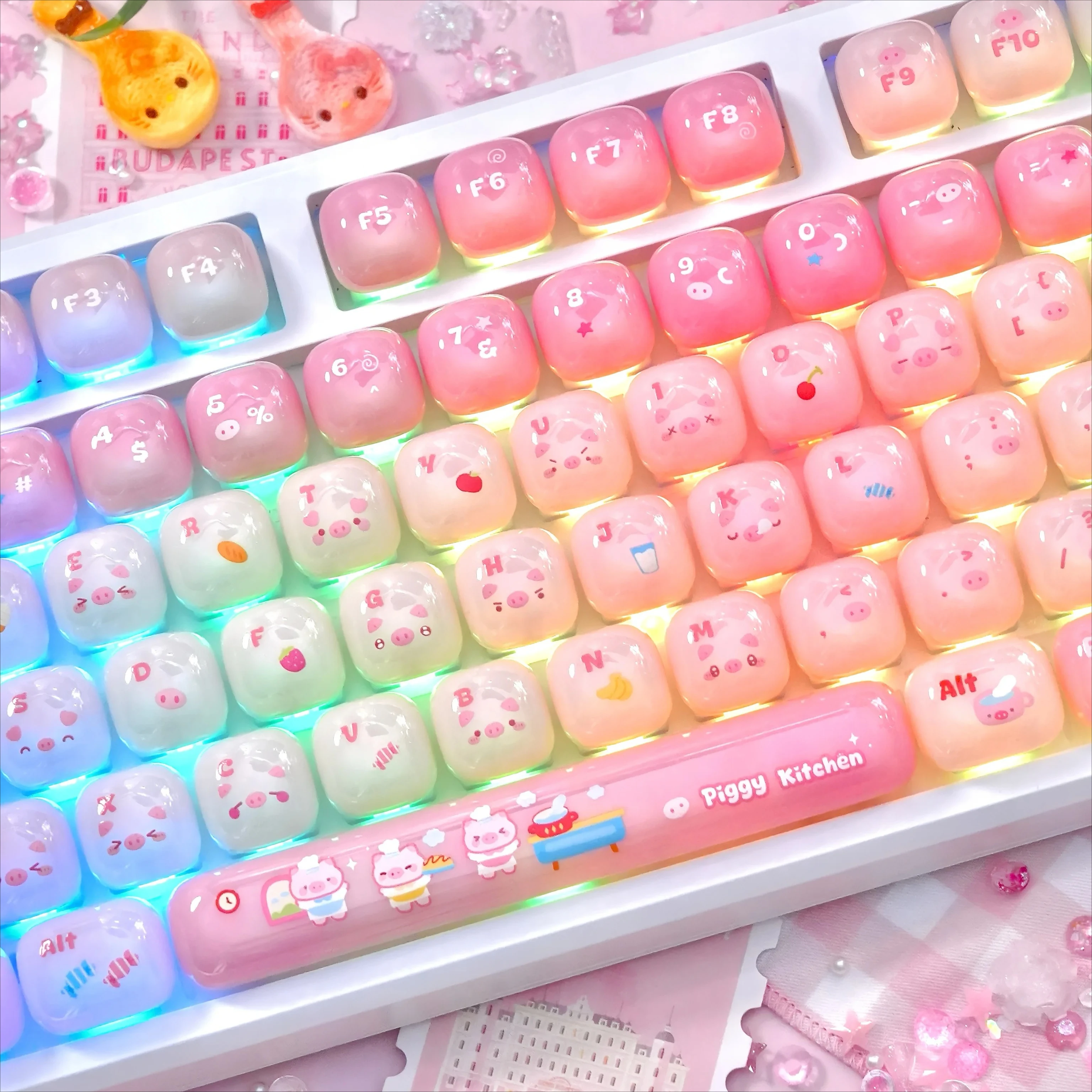 MAIMOOO Piggy Soft Candy Keycaps MOG Profile PC Translucent Round Cute Mantou Shape Pink Jelly Keycap for Mechanical Keyboard