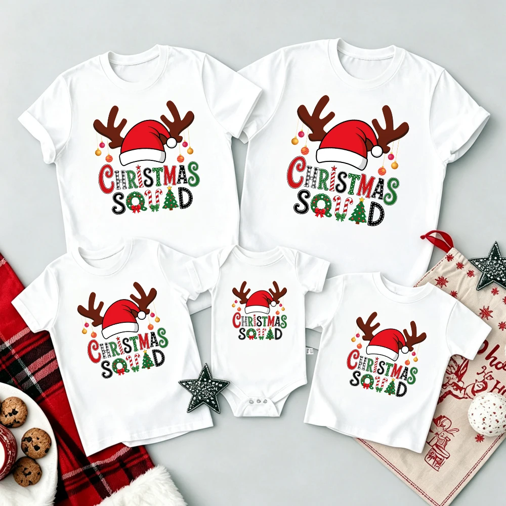 Funny Christmas Squad Family Matching T-shirt Santa Reindeer Graphic Mommy Daddy Baby Kids Xmas Tees Family Look Outfits Clothes