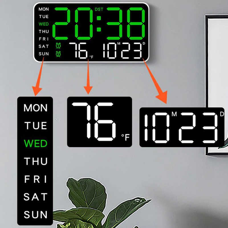 Large Digital Wall Clock Week Date Temperature Display Voice Control Table LED Alarm Clocks Brightness Adjustable 12/24H Clock
