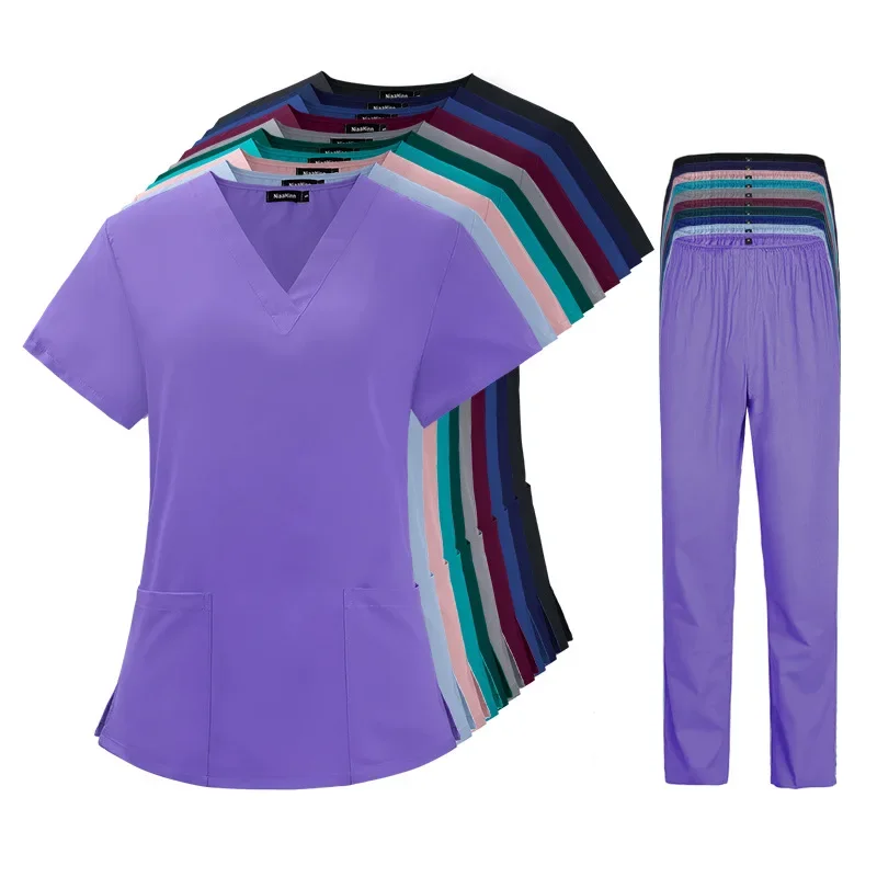 Large Size Elastic Quick Drying Medical Workwear Pet Hospital Short Sleeved Tops+Pants Sets Casual Comfortable Two-piece Set