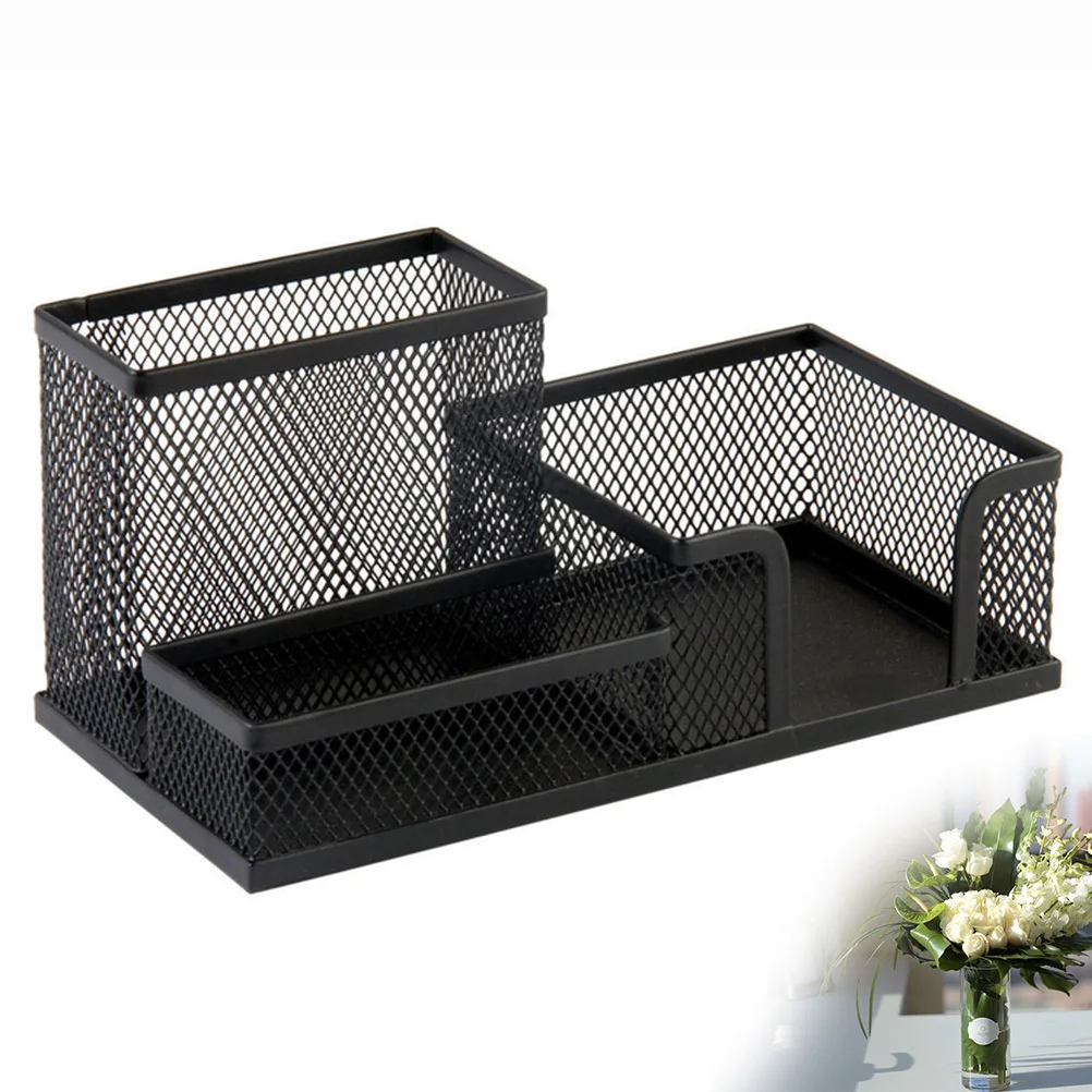 

Multifunctional Desk Storage Box 3-in-1 Metal Mesh Pen Holder Organizer for Office Home Stationery Supplies Black