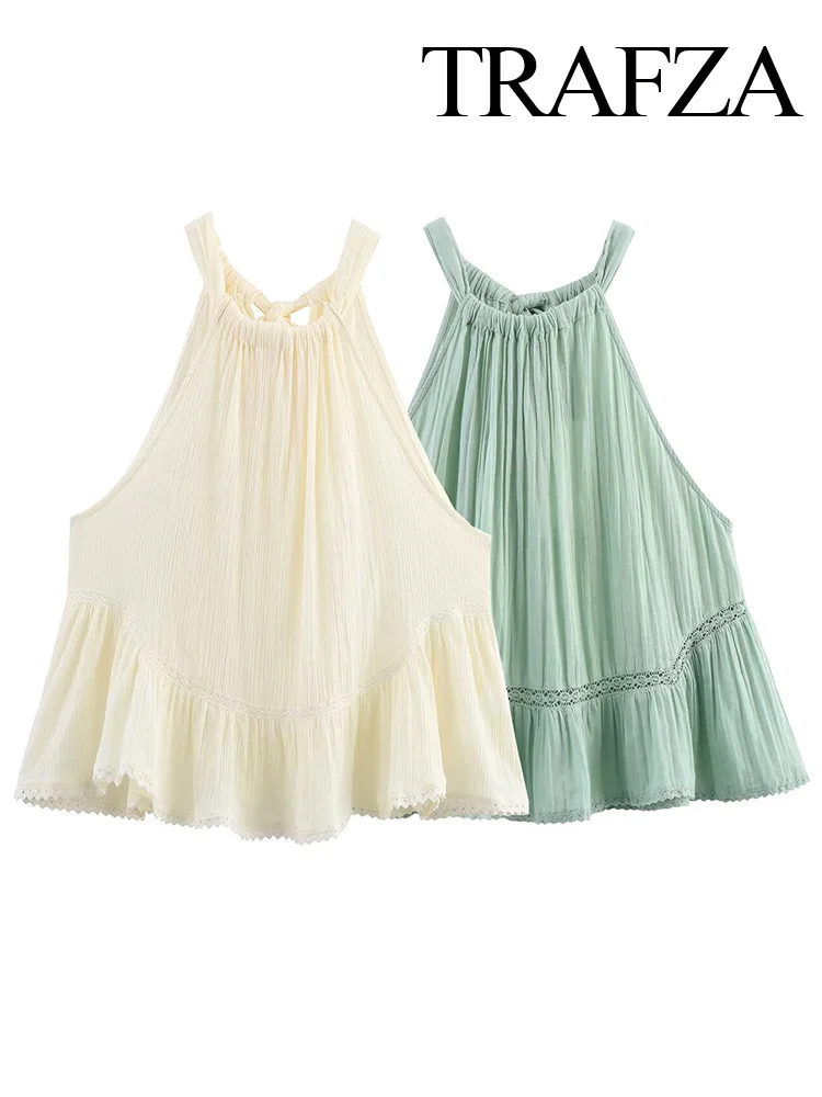 

TRAFZA Women Summer Elegant Pleated Streetwear Bow Decoration Embroidered Short Top Female Sexy Sleeveless Backless Tulle Top