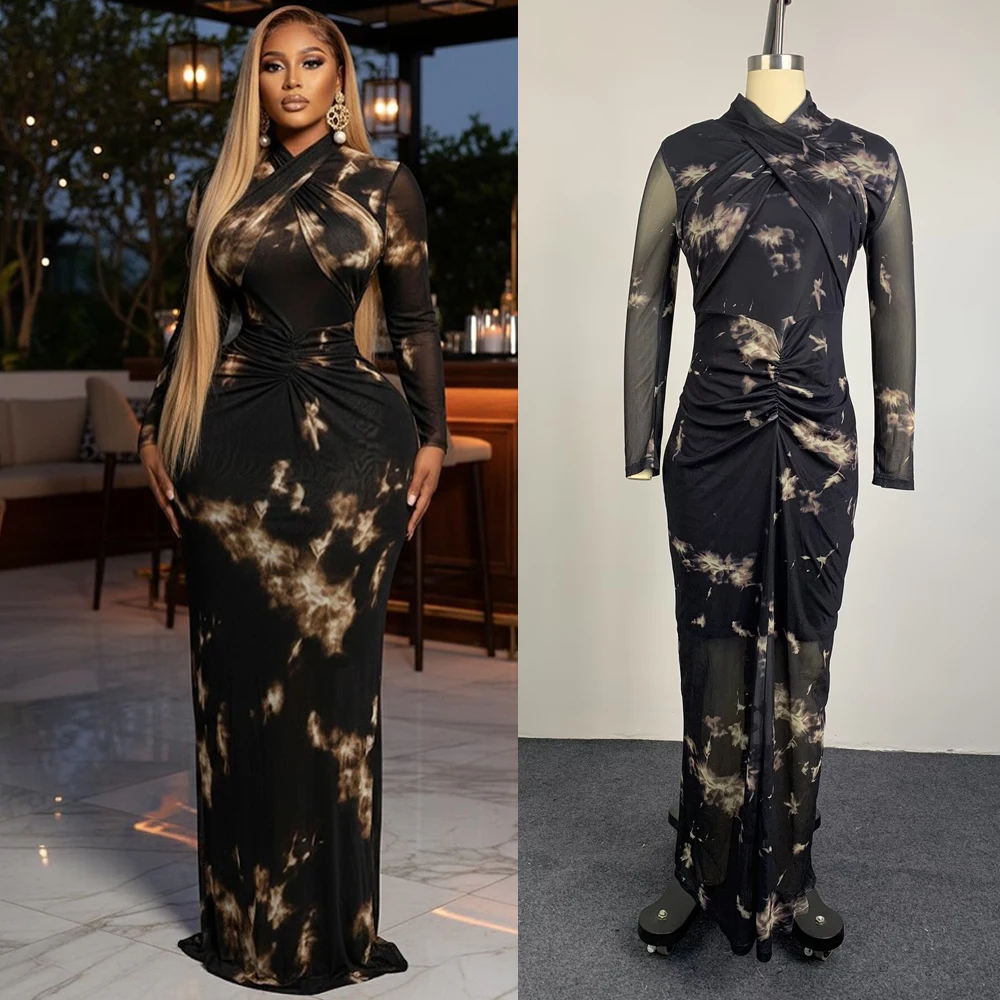 Trendige 2026 Afrikanische Damenkleider: Neue Elegante Kleider mit Langen Ärmeln, Drapiertem Ausschnitt, Luxuriösem Druck, Langes Maxikleid für Abendveranstaltungen