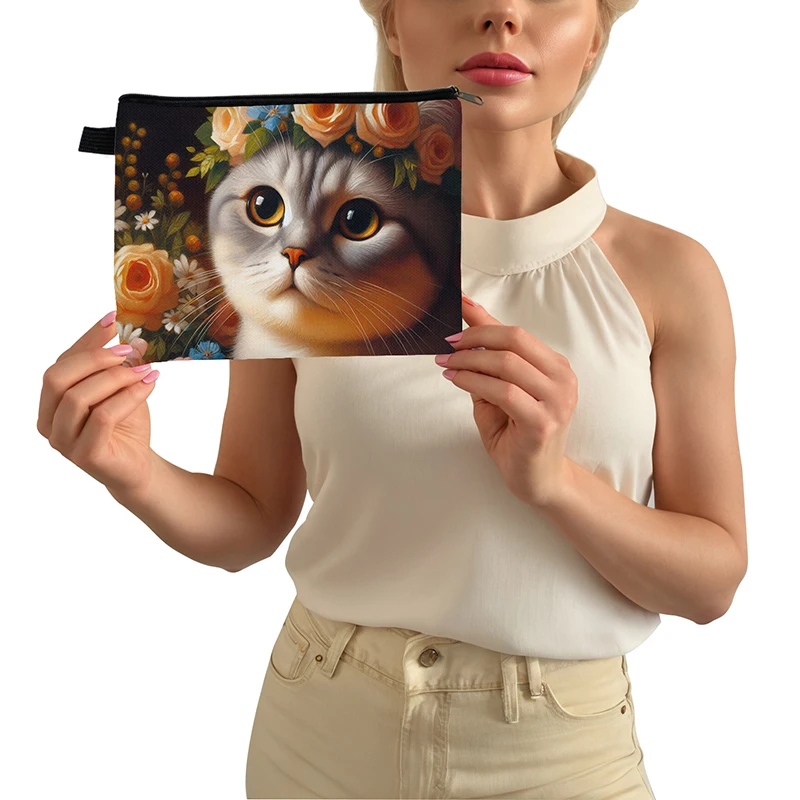 Cartoon Flowers Cat Coin Purse British Shorthair Cat Coin Money Bag Floral Kitten Wallet Phone Holder Boys Girls Storage Bags