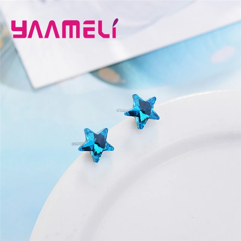 Simple Design Blue Star Shape Stud Earrings For Women Females 925 Sterling Silver Needles Fashion Casual Party Wedding Present