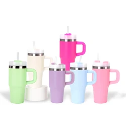 1 PACK 14OZ double wall stainless steel Vacuum tumbler with handle plastic straw camping party term begins