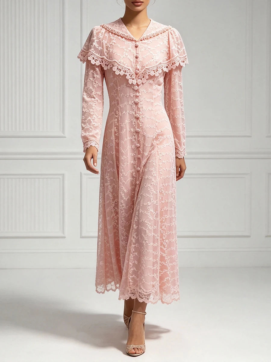 TWOTWINSTYLE Lace Spliced Button Slim Elegant Dress for Women Lapel Neck Long Sleeve Patchwork Flower Maxi Dresses Female New