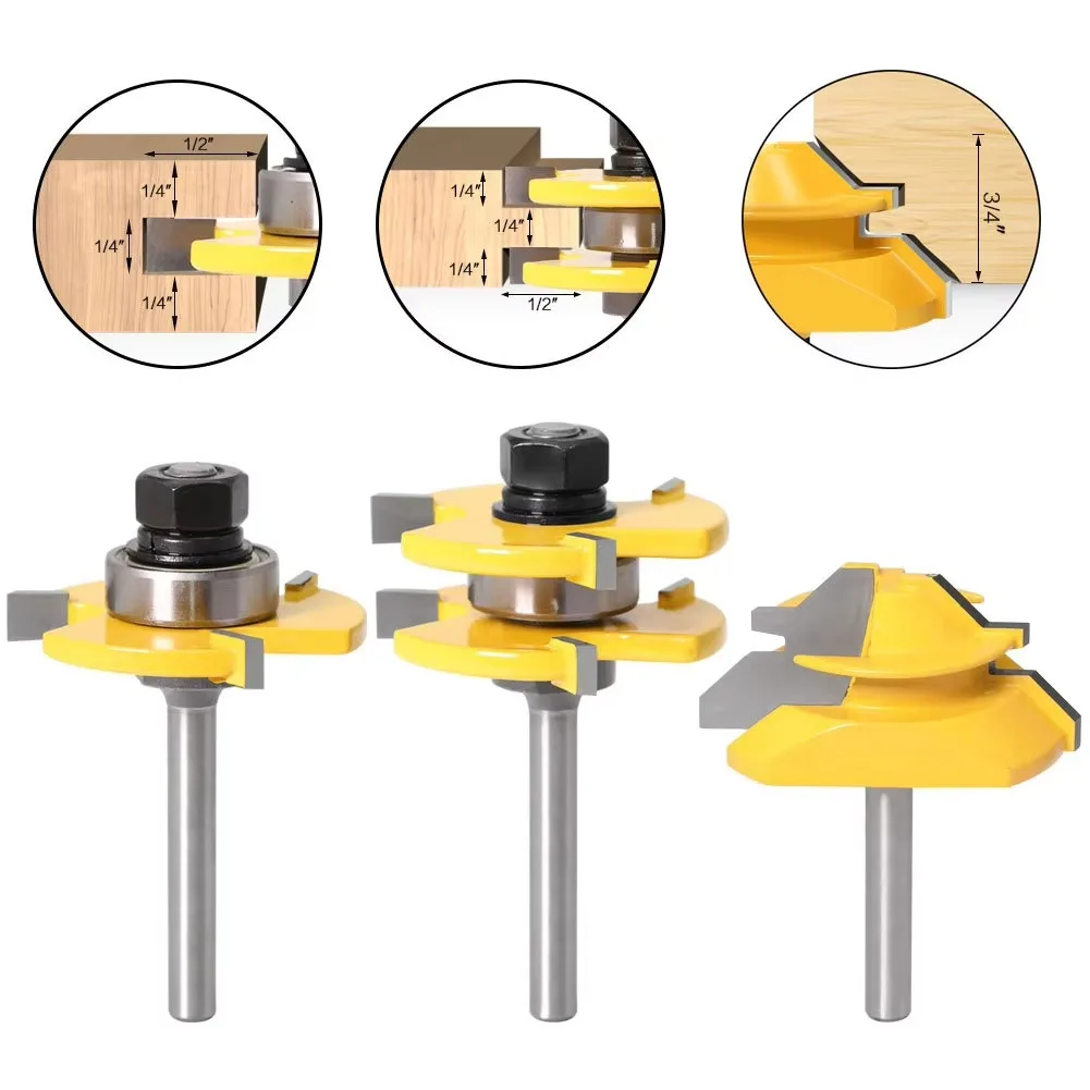 

3PC/Set 1/4" 6.35MM 6MM Shank Milling Cutter Wood Carving 45 Lock Miter Bit Tongue Groove Router Bit Set Anti Kickback Design