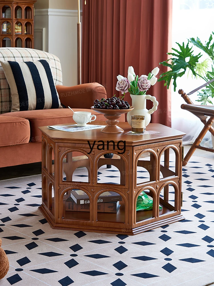 Yjq Tea Table Hexagonal Solid Wood Hollow Retro Tea Table Middle Ancient Wooden round Arch