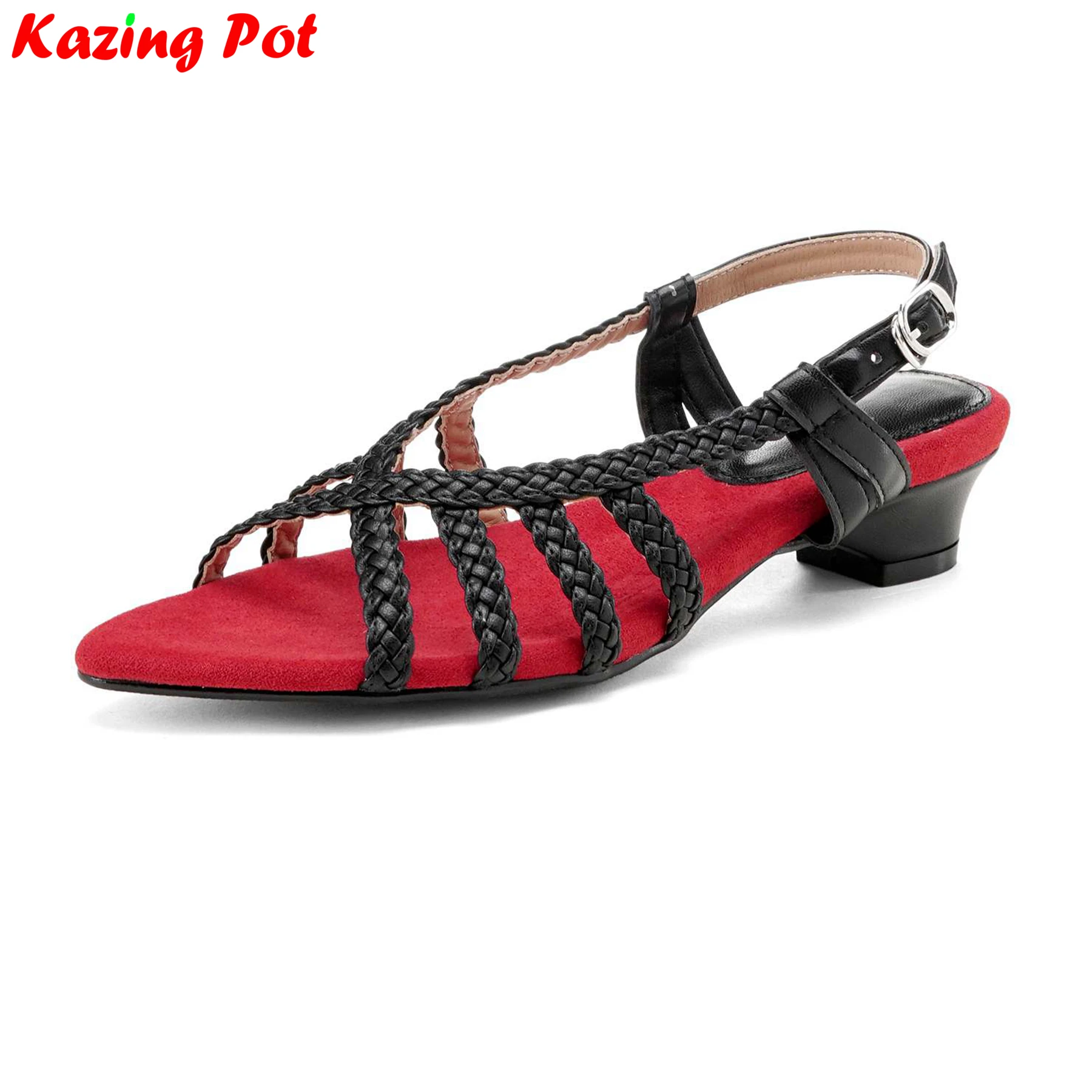 Krazing Pot Weave Peep Toe Med Heels Elegant Summer Shoes Office Lady Brand Dating Casual Catwalk Brand Luxury Ins Women Sandals