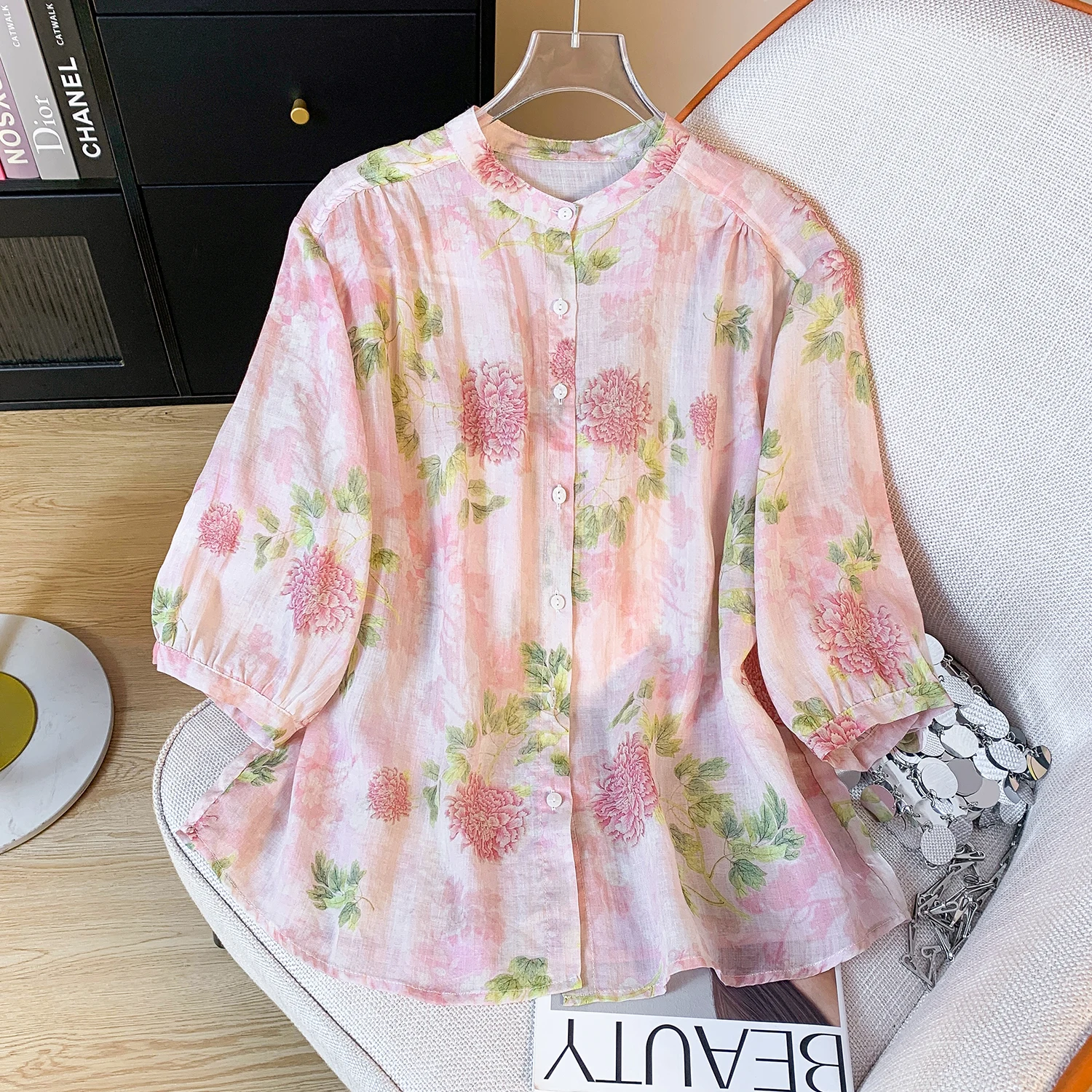 

Свободный женский льняной топ из хлопка, лето 2024, новинка Sle, пион, цветочный принт, высокая талия, фонарь Све, моющийся топ