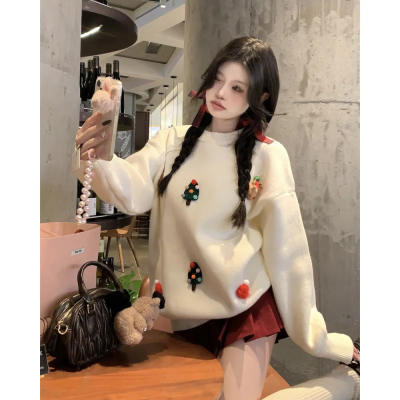 Weiße Frauen Kleidung Vintage Strick pullover Kaschmir Kontrast farben koreanische Mode Einfachheit neue weibliche Frühlings oberteile