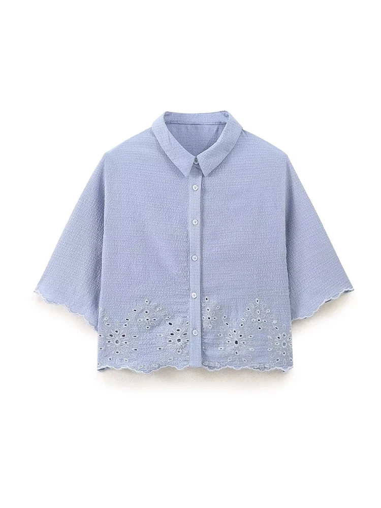 Kar＆Otza-2024 Summer New Arrivals Women\'s Button-up Hollow Embroidery Short Lapel Short Sleeve Shirt Top