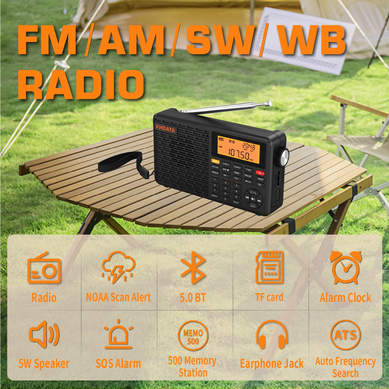 XHDATA D-109WB AM FM Stereo SW MW LW Digitaler Wecker Tragbares Radio mit wiederaufladbarem Akku USB-C und Wettervorhersage